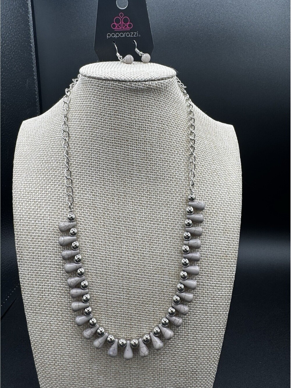 Paparazzi Gray Stone Teardrop Bead Necklace Earrings Set NWT Boho Statement NWT
